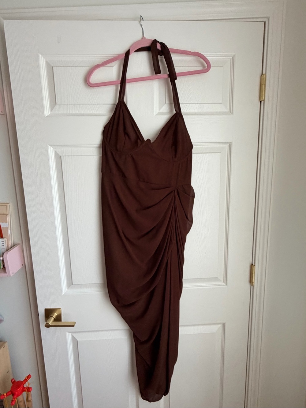 Fashion Nova Brown Halter Ruched High-Low Dress